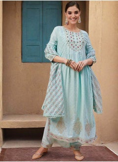 ISHIN Women's Blue Rayon Printed Tunic Full Length Casual Straight Fit Kurta Set  - Image 2