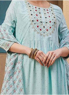 ISHIN Women's Blue Rayon Printed Tunic Full Length Casual Straight Fit Kurta Set  - Image 3