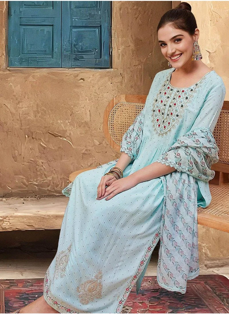 آي شين Women's Blue Rayon Printed Tunic Full Length Casual Straight Fit Kurta Set