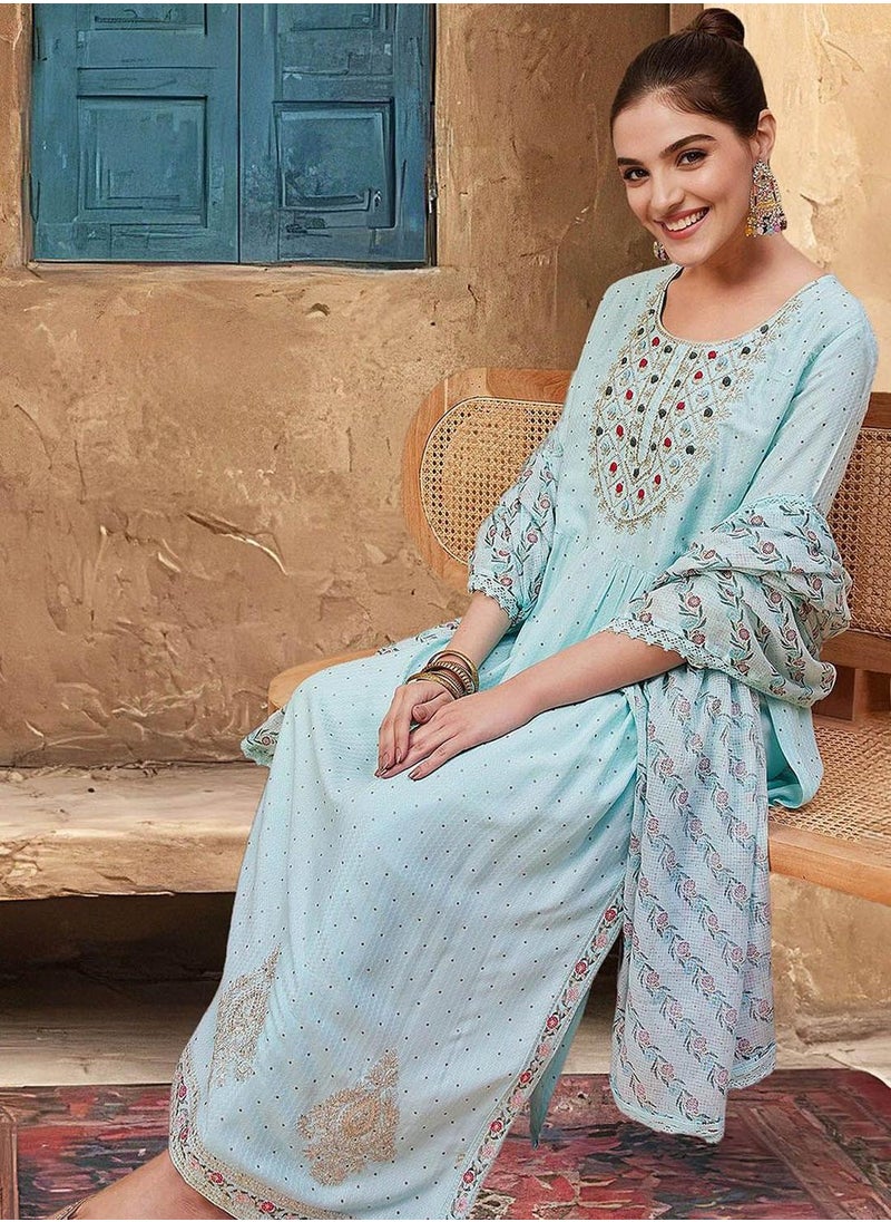 ISHIN Women's Blue Rayon Printed Tunic Full Length Casual Straight Fit Kurta Set  - Image 1