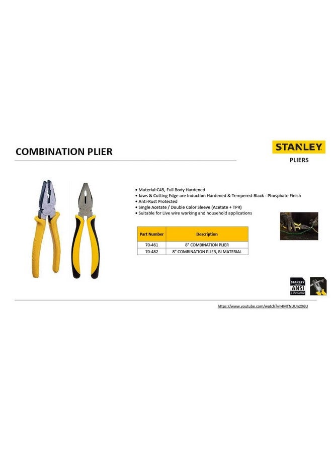 Stanley STANLEY 70-482 8'' Sturdy Steel Combination Plier with Anti-Rust properties for gripping, holding and cutting wires, YELLOW & BLACK  - Image 5