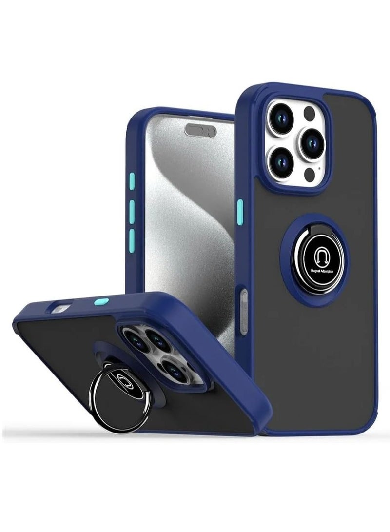 Blue Shockproof iPhone 16 Pro Case with Metal Ring Holder & Kickstand - Image 1