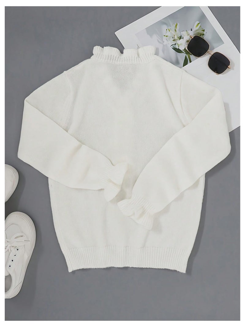 MakeMeChic Women's Long Sleeve Ruffle Sweaters V Neck Lightweight Knit Pullover Sweater Tops White Small - Image 2