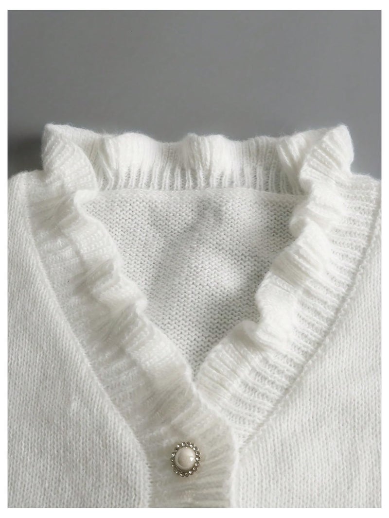 MakeMeChic Women's Long Sleeve Ruffle Sweaters V Neck Lightweight Knit Pullover Sweater Tops White Small - Image 3