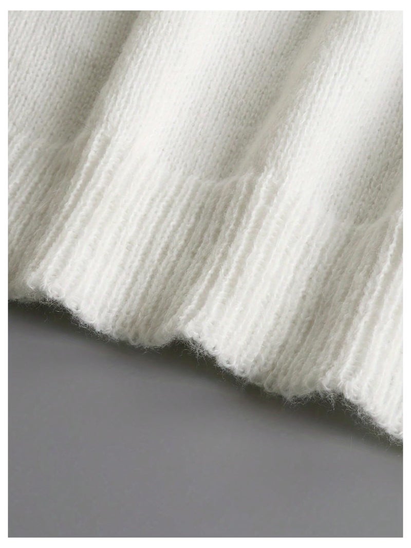 MakeMeChic Women's Long Sleeve Ruffle Sweaters V Neck Lightweight Knit Pullover Sweater Tops White Small - Image 5