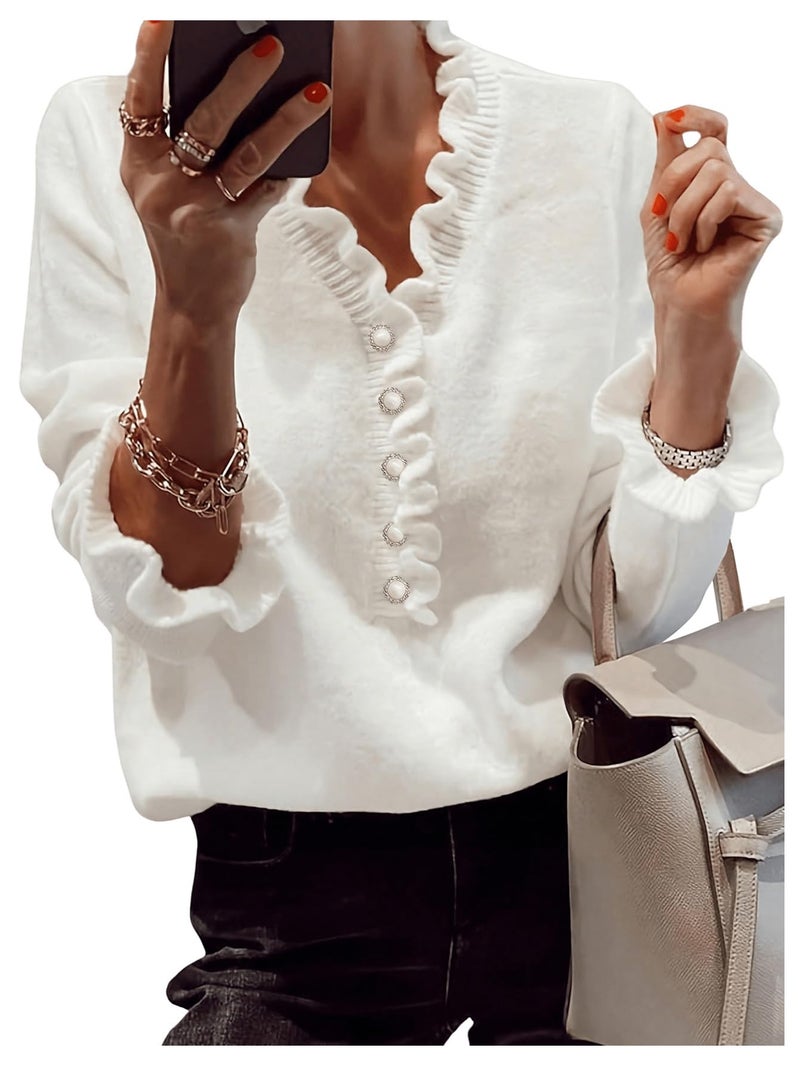 MakeMeChic Women's Long Sleeve Ruffle Sweaters V Neck Lightweight Knit Pullover Sweater Tops White Small - Image 1