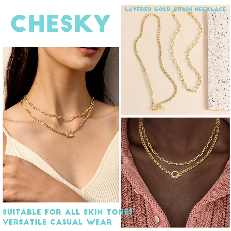 CHESKY Layered Necklaces for Women, 14K Gold Plated Chain Necklace Trendy Cuban Link Paperclip Chain Toggle Clasp Necklace Fashion Chunky Jewelry Accessories for Women - Image 3
