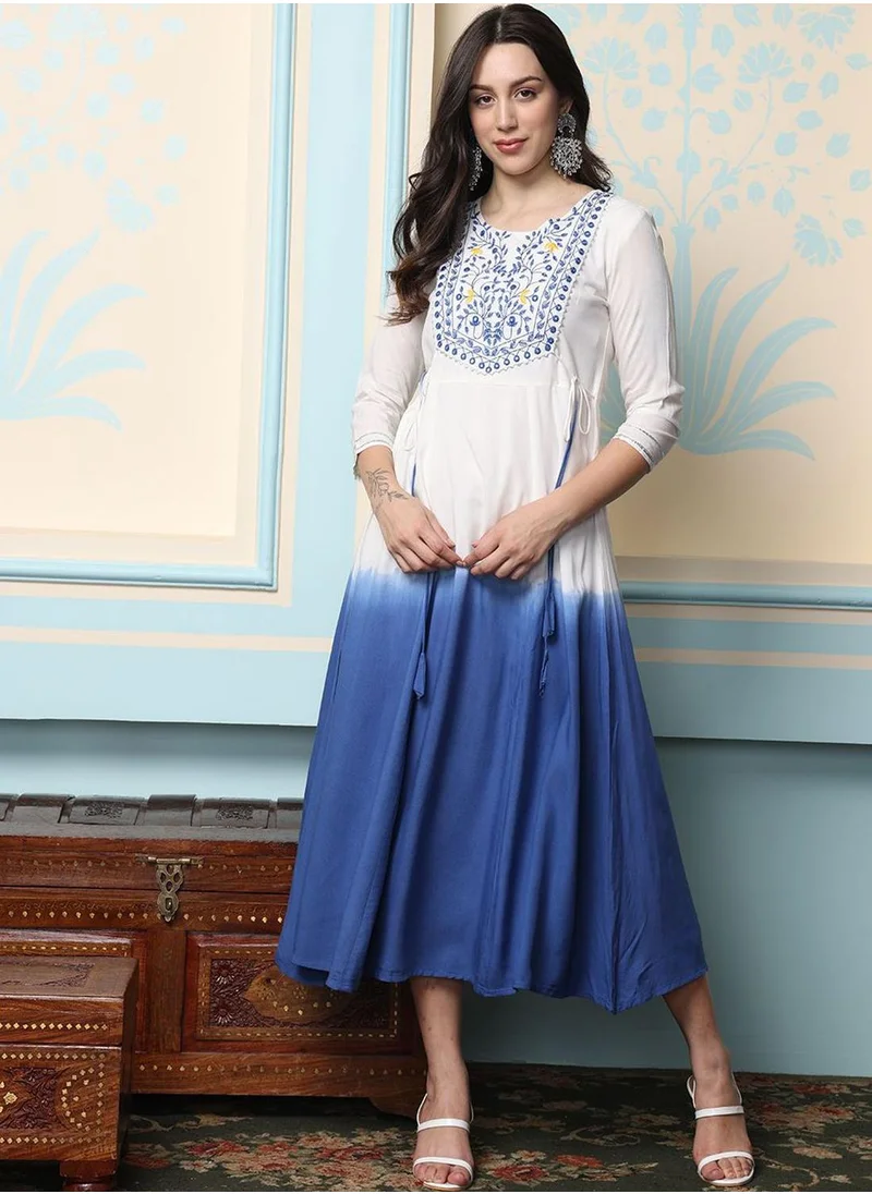 آي شين Multicolour Kurta Straight Fit Three-Fourth Sleeve Made From Rayon Featuring Self Design And Round Neck