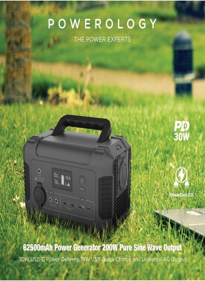 Powerology - 62500mAh Power Generator 200W Pure Sine-Wave Output 3.1A Dual USB Optimal Charger/ 220V UK AC Output with Solar Panel For Re-Charge / LCD Information Panel and Built-in Protection - Black - Image 1