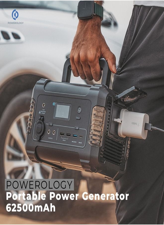 Powerology - 62500mAh Power Generator 200W Pure Sine-Wave Output 3.1A Dual USB Optimal Charger/ 220V UK AC Output with Solar Panel For Re-Charge / LCD Information Panel and Built-in Protection - Black - Image 1
