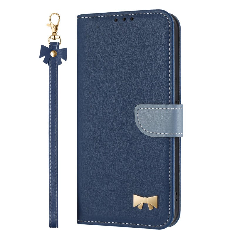 erorex For Google Pixel 10 Pro XL / 9 Pro XL Metal Bow Leather Phone Case with Hand Strap(Dark Blue) - Image 2