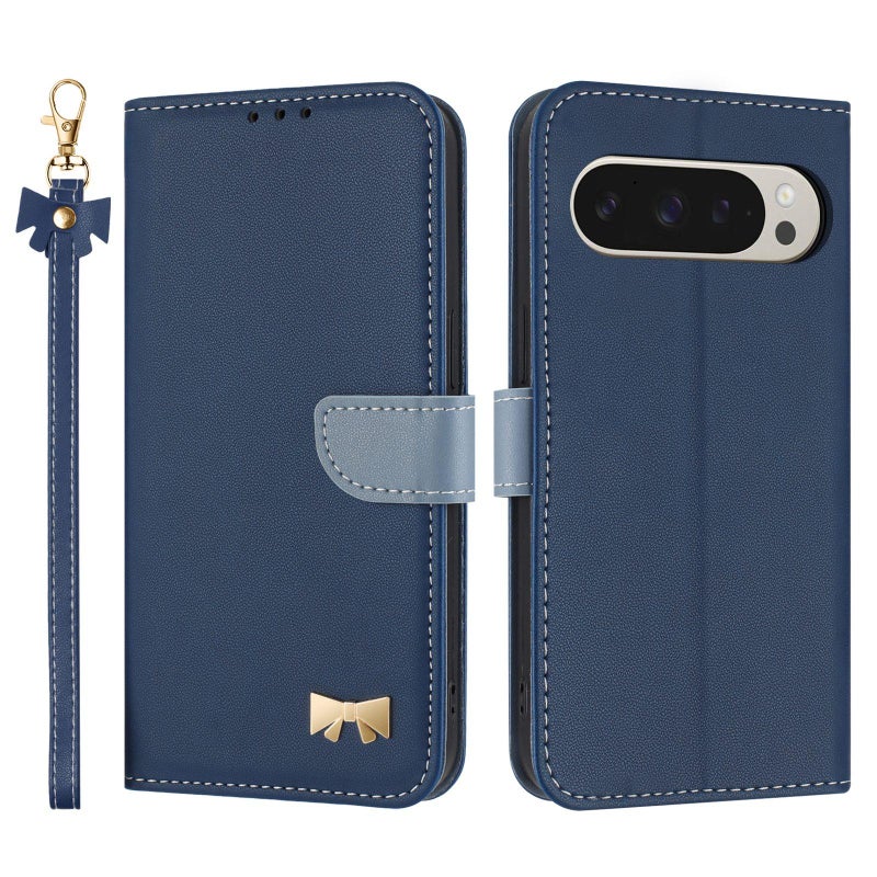 erorex For Google Pixel 10 Pro XL / 9 Pro XL Metal Bow Leather Phone Case with Hand Strap(Dark Blue) - Image 1