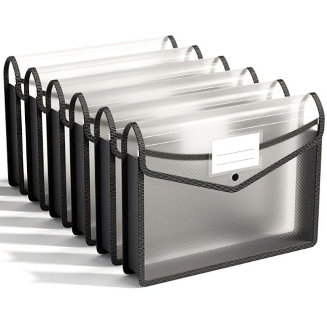 ABC Life 6-Pack Plastic Expanding File Folder, Black Document Organizer with Snap Closure