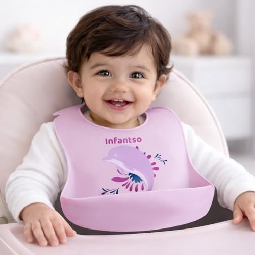 Infantso Silicone Ultra Light Waterproof Baby Bib for Feeding & Weaning Babies & Toddlers with Food Cather Pocket, Washable, Reusable, Non Messy Easy Cleaning, No Odour, Adjustable Button Neckline - Image 1