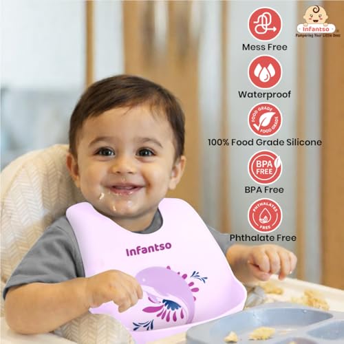 Infantso Silicone Ultra Light Waterproof Baby Bib for Feeding & Weaning Babies & Toddlers with Food Cather Pocket, Washable, Reusable, Non Messy Easy Cleaning, No Odour, Adjustable Button Neckline - Image 4