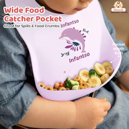 Infantso Silicone Ultra Light Waterproof Baby Bib for Feeding & Weaning Babies & Toddlers with Food Cather Pocket, Washable, Reusable, Non Messy Easy Cleaning, No Odour, Adjustable Button Neckline - Image 5