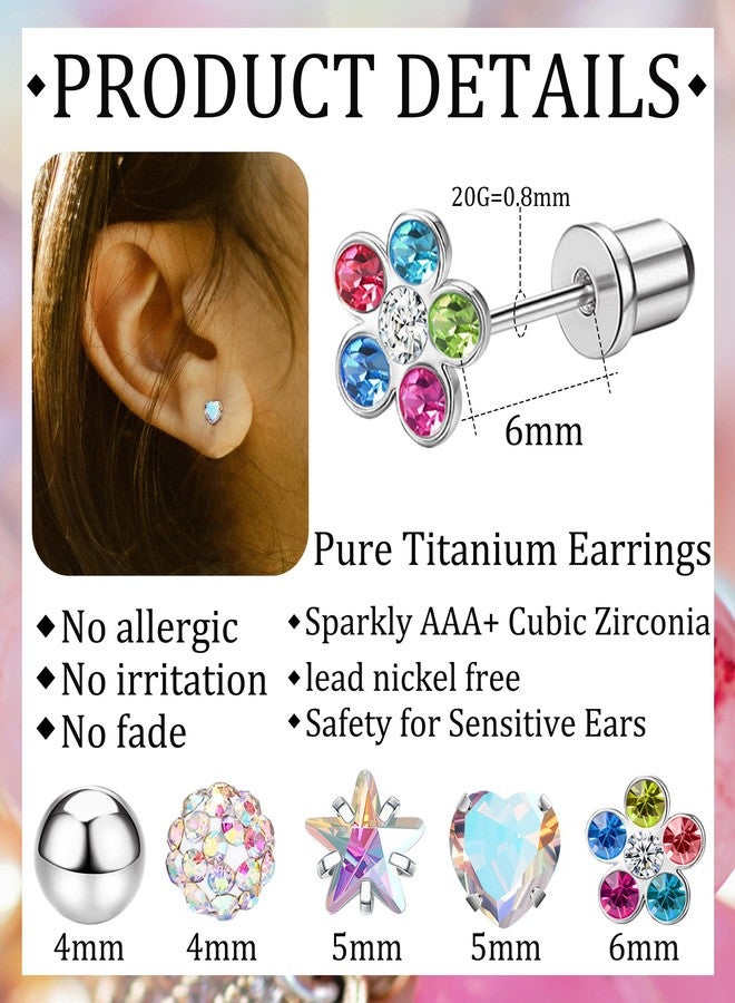 MJust 5 Pairs G23 Titanium Earrings for Women, Hypoallergenic Titanium Stud Earrings for Sensitive Ears, Screw Back Cartilage Earrings Set (Colorful) - Image 2