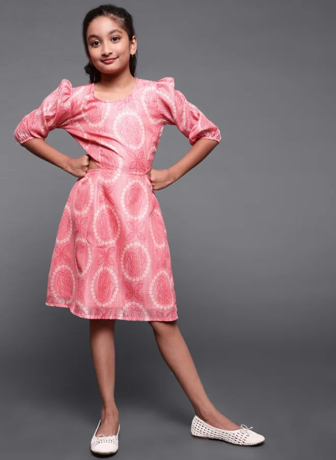 AKS Peach Ethnic Motifs A-Line Dress for Girls