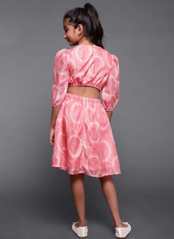 أيه كيه إس Peach Ethnic Motifs A-Line Dress for Girls