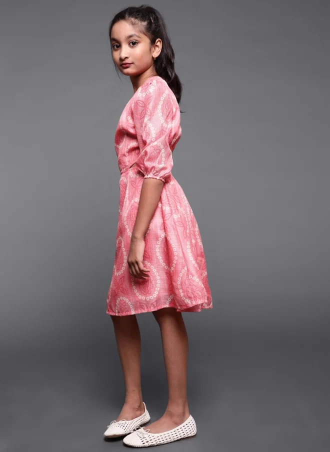 أيه كيه إس Peach Ethnic Motifs A-Line Dress for Girls
