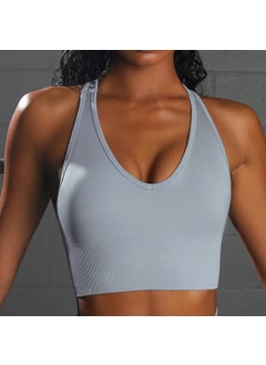 Winter New Seamless Yoga Suit Back Beauty Sports Fitness Wear European American Style Booty Lifting Pants Yoga Set Combination Bra-Blue Gray