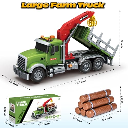 spring flower SpringFlower Toy for 3 4 5 6 Year Old Boys, Farm Truck Toy with Farm Trunk,Vehicle Timber Truck Toy with Loading Crane & Lights & Sounds, Kids Birthday Gifts for Boys Toddlers Girls - Image 4