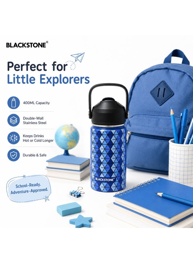 BLACKSTONE Kids Vacuum Water Bottle, 400ml, Double-Wall Stainless Steel Insulated School Bottle with Silicone Suction Nozzle and Leak-Proof Cap, Blue - Image 4