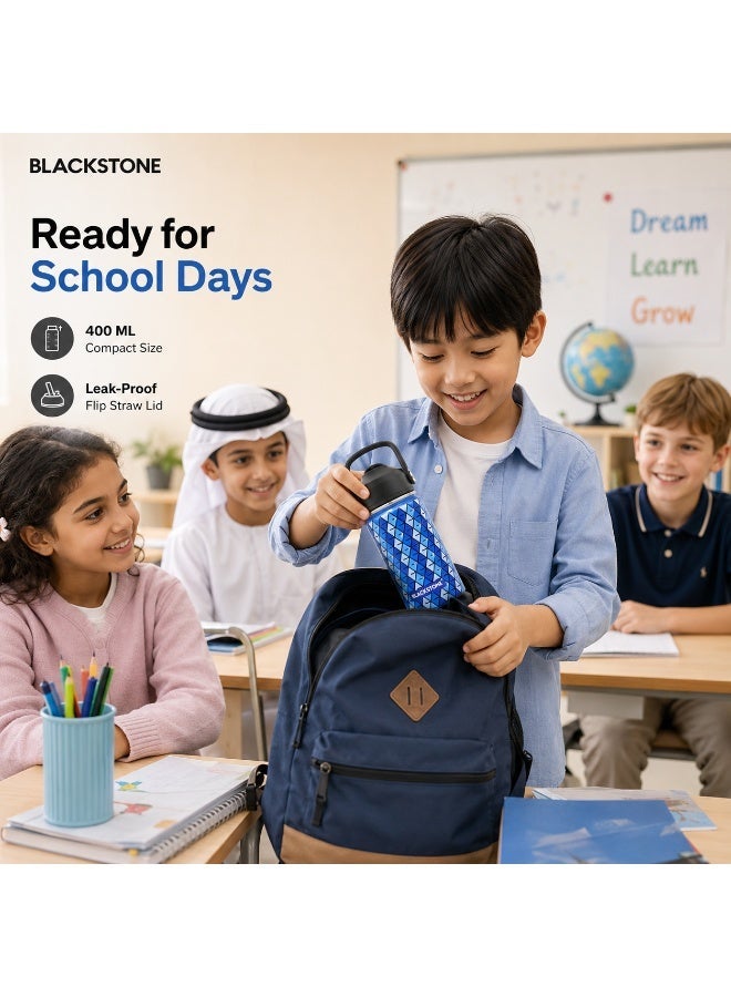 BLACKSTONE Kids Vacuum Water Bottle, 400ml, Double-Wall Stainless Steel Insulated School Bottle with Silicone Suction Nozzle and Leak-Proof Cap, Blue - Image 2