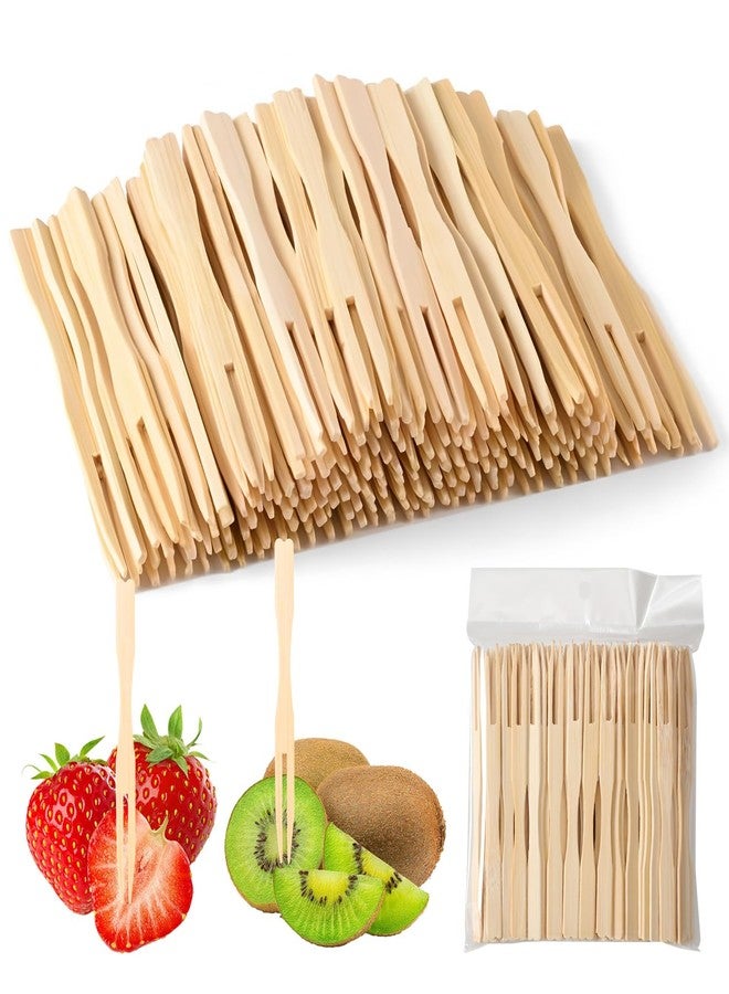 OLLBIT 100PCS Mini Bamboo Forks,3.5 Inch Mini Forks for Appetizers,Disposable Tiny Food Picks,Wooden Toothpicks Fork,Small Appetizer Picks for Parties,Cocktail Forks for Weddings - Image 1