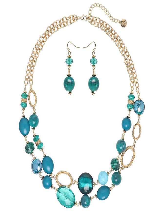 Coiris Women's Beaded 2 Layer Strand Statement Necklace with Earrings Collar Jewelry Set (N0003-Teal Mix) - Image 1