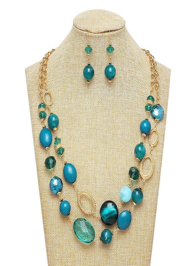 Coiris Women's Beaded 2 Layer Strand Statement Necklace with Earrings Collar Jewelry Set (N0003-Teal Mix) - Image 2