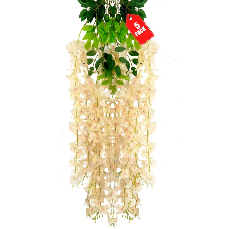 ZEBMOON 5 Pack Champagne Wisteria Hanging Flowers  Champagne 3.77 Ft Fake Hanging Flowers  Champagne Artificial Wisteria Garland  Wisteria Flower Vines  Champagne Wisteria Garland for Backdrop Wedding Decor - Image 1