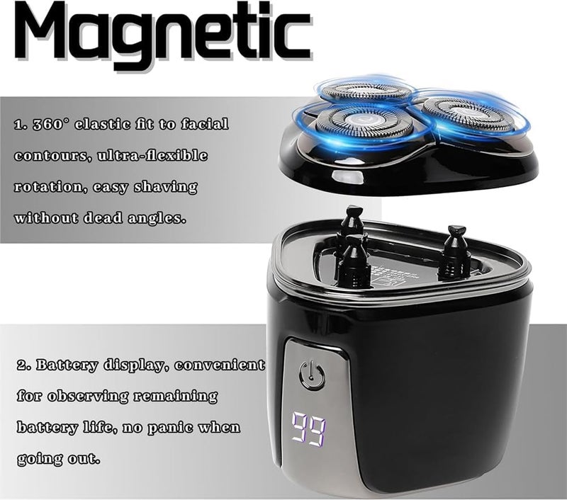 Portable Electric Shaver for Men, LED Display, Waterproof, Type-C Rechargeable Rotary Beard Shaver with Magnetic Shaving Head. Cordless Razor for Wet & Dry Shave (Black) - Image 5