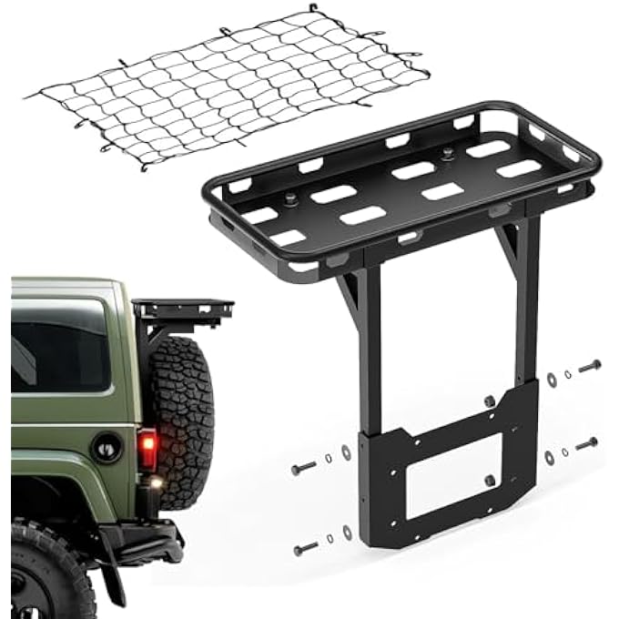 rayihni Rear Tailgate Cargo Basket Compatible with 2007-2018 Jeep Wrangler JKJKU Unlimited 2/4 Door, Spare Tire Cargo Rack, Luggage Storage Carrier