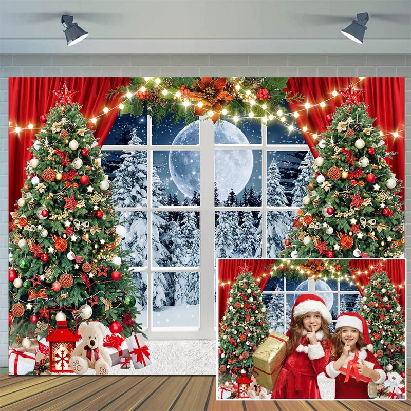 CYLYH 7x5ft Christmas Backdrop Christmas Window Backdrop for Photography Winter Xmas Tree Snow Gift New Year Christmas Party Backdrops Xmas Night Family Party Background