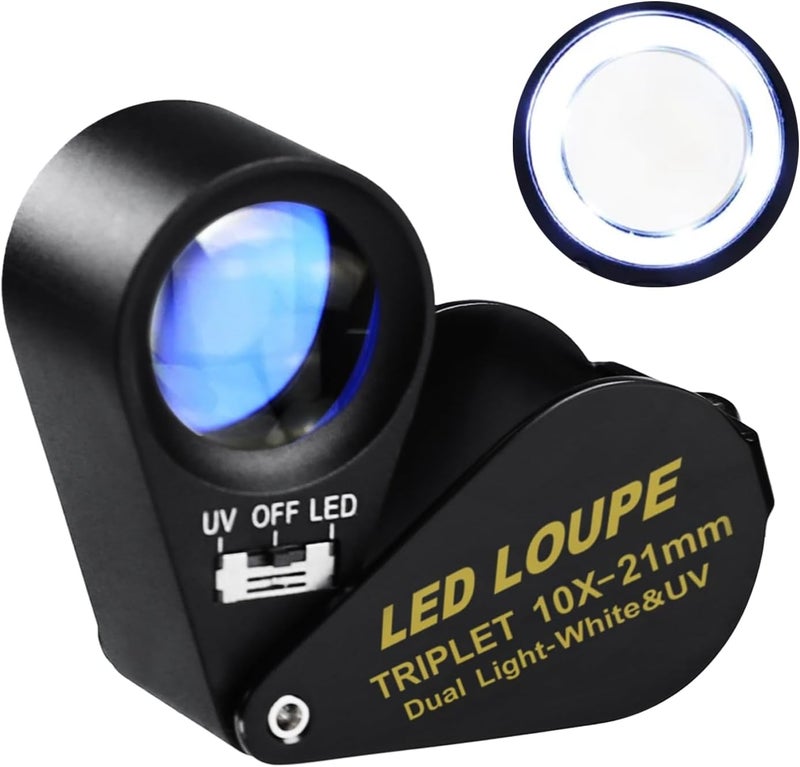 GAIN EXPRESS Illuminated Jewelers Loupe Magnifier, Foldable Jewelry Magnifier with 6 LED & UV Lights, Hastings Triplet Loupe 10X for Gems, Jewelry, Coins, Stamps, etc - Image 1
