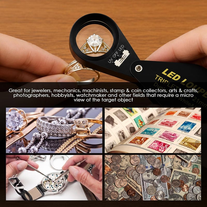 GAIN EXPRESS Illuminated Jewelers Loupe Magnifier, Foldable Jewelry Magnifier with 6 LED & UV Lights, Hastings Triplet Loupe 10X for Gems, Jewelry, Coins, Stamps, etc - Image 3