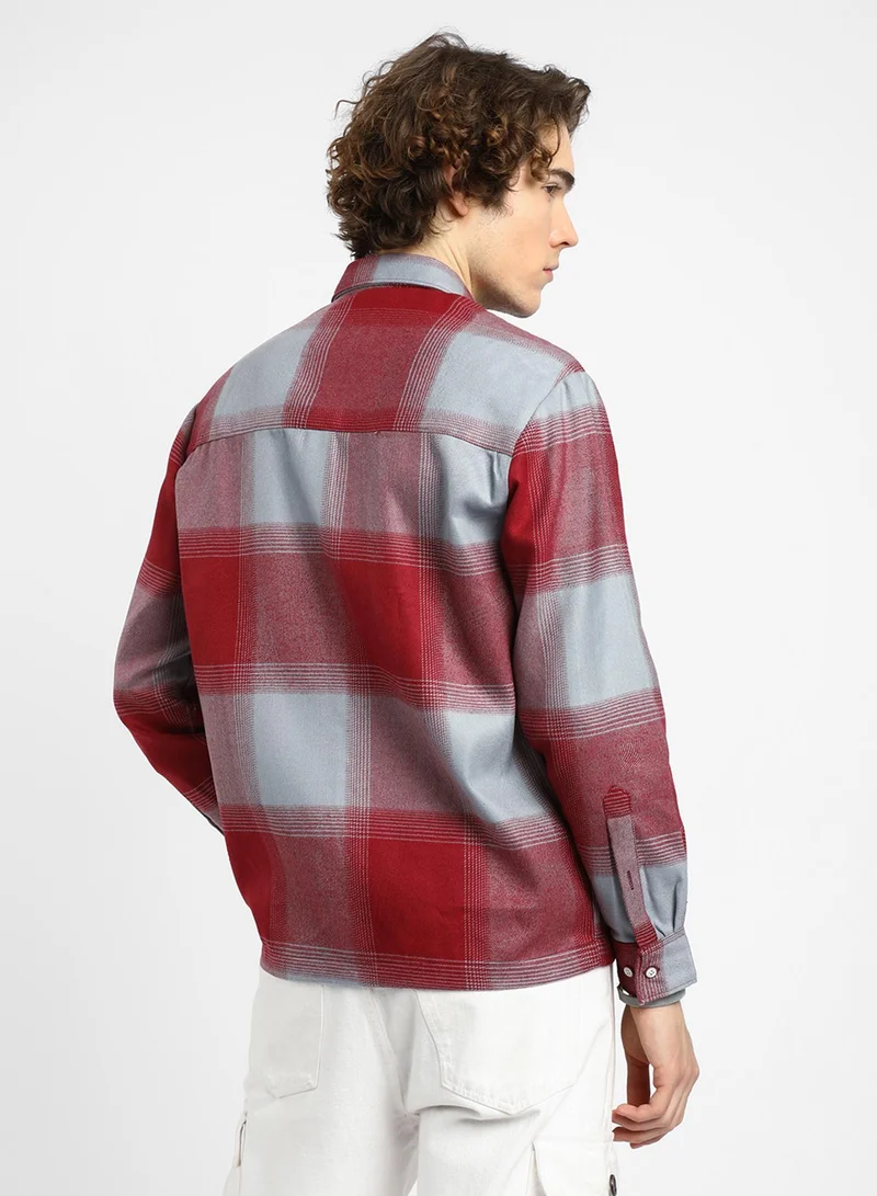 Campus Sutra Campus Sutra Men's Venetian Red & Coin Grey Vignette-Checkered Oversized Shirt For Casual Wear | Spread Collar | Long Sleeve | Button Closure | Oversized Shirt Crafted With Comfort Fit For Everyday Wear