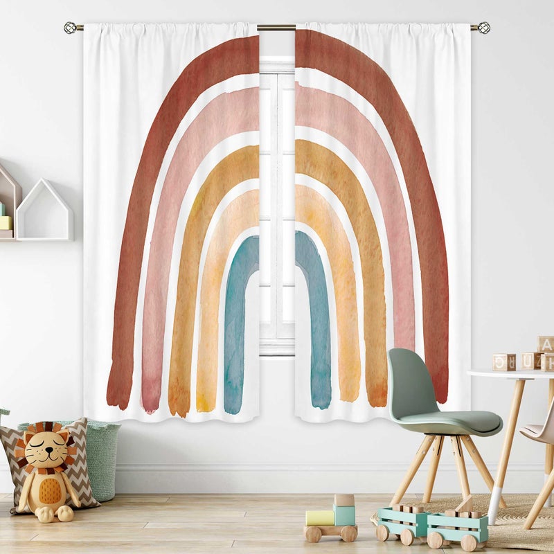 Cinbloo Kids Boho Rainbow Curtains for Baby Girls Boys Bedroom Decor 42Wx63H Inch Rod Pocket Cute Cartoon Colorful Vintage Nursery Children Playroom Classroom Living Room Window Drapes Fabric 2 Panels - Image 1