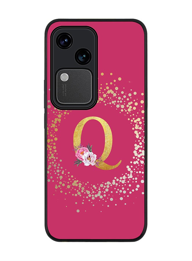Stylizedd Rugged Black edge case for Vivo V30 5G, Slim fit Cover Custom Monogram Initial Letter Floral Pattern Alphabet - Q ( Deep Pink Rose )  - Image 1