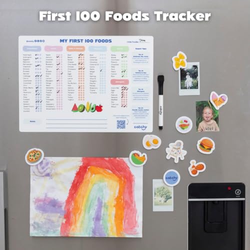 CATCHY - My First 100 Foods Tracker Set - 1 Magnetic Whiteboard Checklist, 10 Fridge Magnets + 1 Marker - Lists All Major Food Groups + Key Allergens - with Expert Tips - Reusable - Image 2