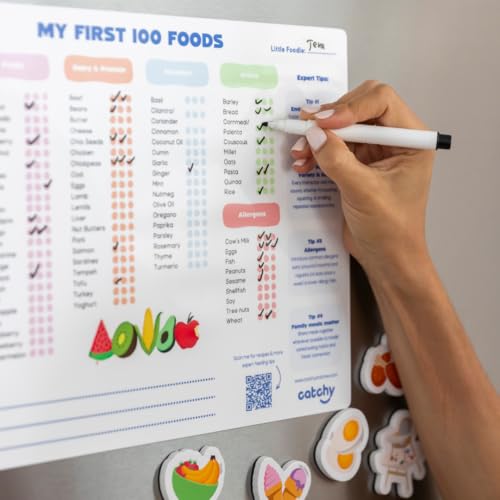 CATCHY - My First 100 Foods Tracker Set - 1 Magnetic Whiteboard Checklist, 10 Fridge Magnets + 1 Marker - Lists All Major Food Groups + Key Allergens - with Expert Tips - Reusable - Image 5