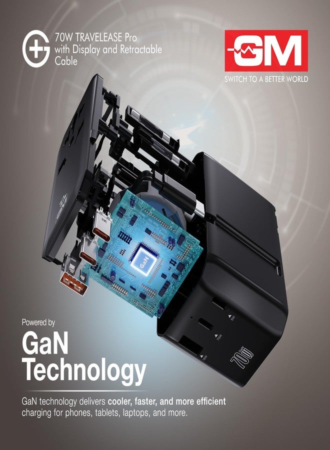 جنرال موتورز محول السفر العالمي GM G+ 70W TravelEase Pro مع شاشة وكابل قابل للسحب | 2× Type-C + 1× Type-A | محول سفر عالمي 5 في 1 لأكثر من 150 دولة، يعرض قوة الشحن بالواط بناءً على استهلاك الطاقة لجهازك. - Image 3