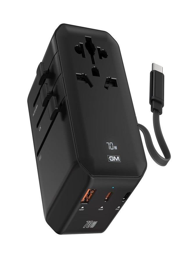 جنرال موتورز محول السفر العالمي GM G+ 70W TravelEase Pro مع شاشة وكابل قابل للسحب | 2× Type-C + 1× Type-A | محول سفر عالمي 5 في 1 لأكثر من 150 دولة، يعرض قوة الشحن بالواط بناءً على استهلاك الطاقة لجهازك. - Image 1