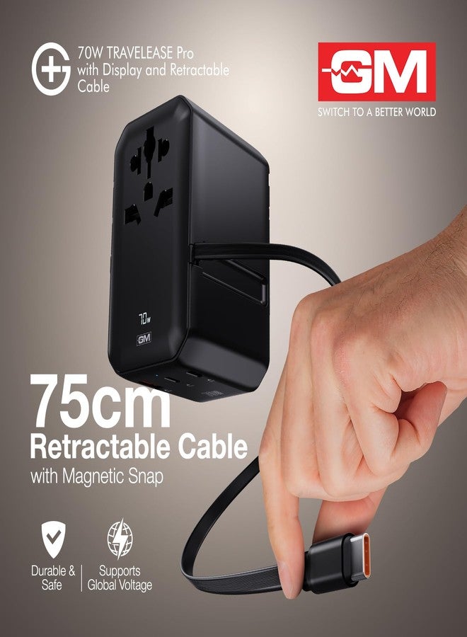 جنرال موتورز محول السفر العالمي GM G+ 70W TravelEase Pro مع شاشة وكابل قابل للسحب | 2× Type-C + 1× Type-A | محول سفر عالمي 5 في 1 لأكثر من 150 دولة، يعرض قوة الشحن بالواط بناءً على استهلاك الطاقة لجهازك. - Image 5
