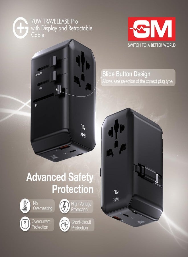 جنرال موتورز محول السفر العالمي GM G+ 70W TravelEase Pro مع شاشة وكابل قابل للسحب | 2× Type-C + 1× Type-A | محول سفر عالمي 5 في 1 لأكثر من 150 دولة، يعرض قوة الشحن بالواط بناءً على استهلاك الطاقة لجهازك. - Image 4