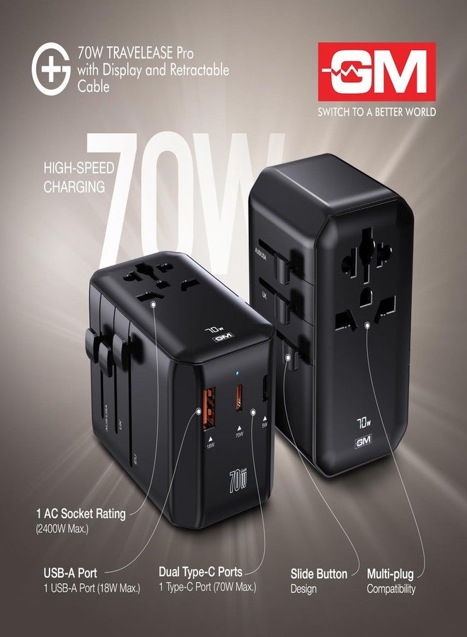 جنرال موتورز محول السفر العالمي GM G+ 70W TravelEase Pro مع شاشة وكابل قابل للسحب | 2× Type-C + 1× Type-A | محول سفر عالمي 5 في 1 لأكثر من 150 دولة، يعرض قوة الشحن بالواط بناءً على استهلاك الطاقة لجهازك. - Image 2