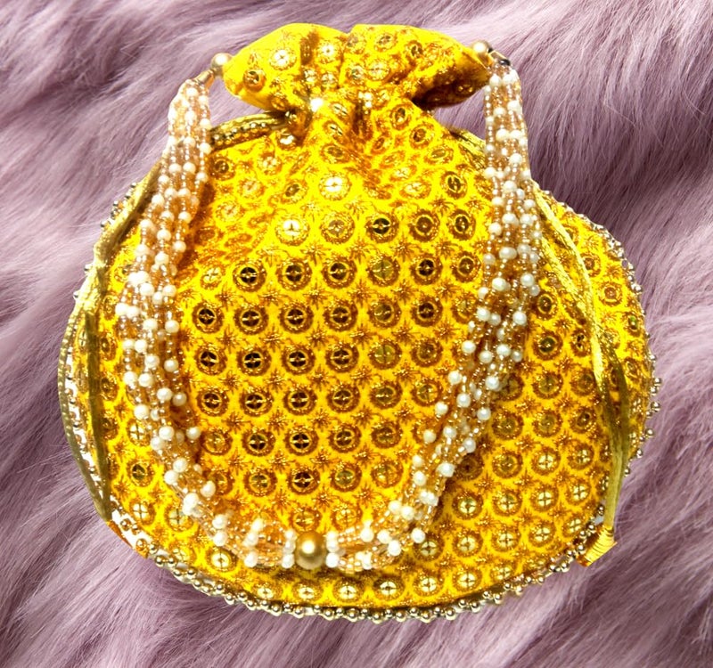 SUMERA WARQ Potli Bag Golden work wedding potli for ladies Gift for women handbags traditional Indian Wristlet with Drawstring Ethnic Embroidery Fashion Potli. - Image 1