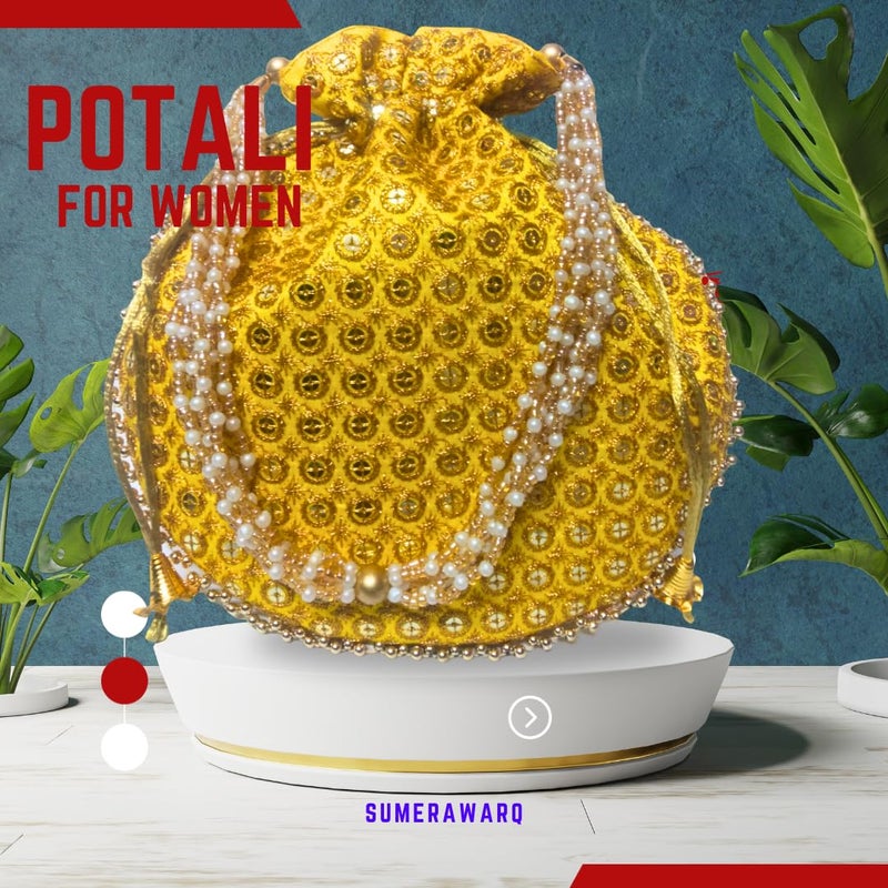 SUMERA WARQ Potli Bag Golden work wedding potli for ladies Gift for women handbags traditional Indian Wristlet with Drawstring Ethnic Embroidery Fashion Potli. - Image 2