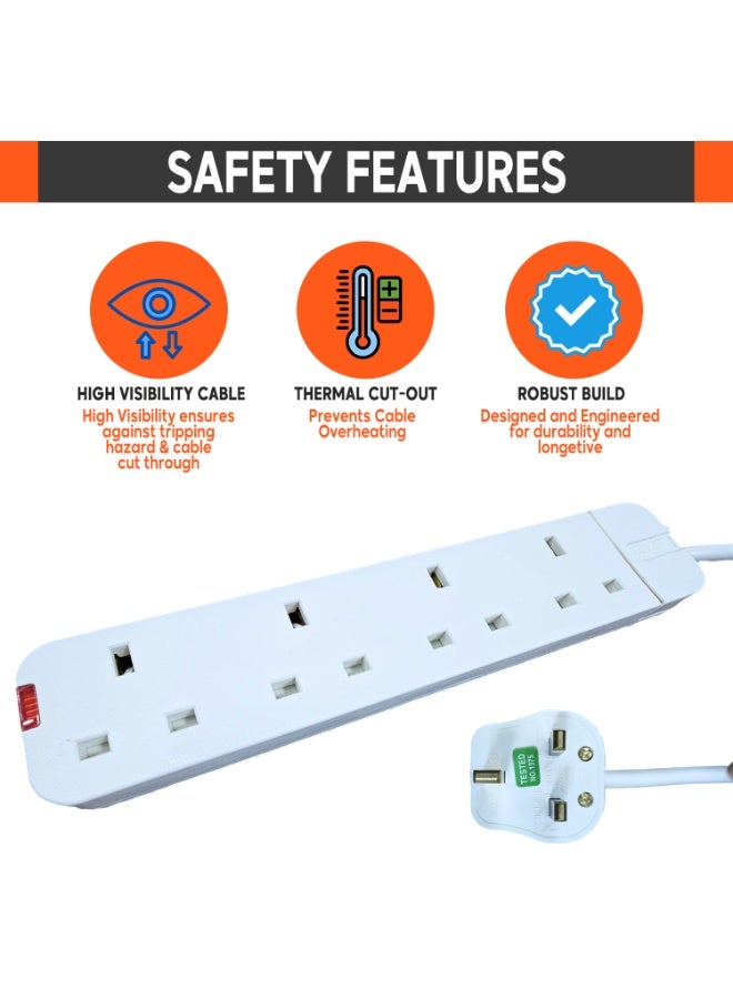ADMORE HEAVY DUTY 3120W Power Strip 3 Meter - 4 Way Extension Cord with Fused UK Plug - Mains Extension Lead & Multi Plug Socket for Kitchen & Home Office (Type G, 13A, White, ESMA Approved) - Image 4